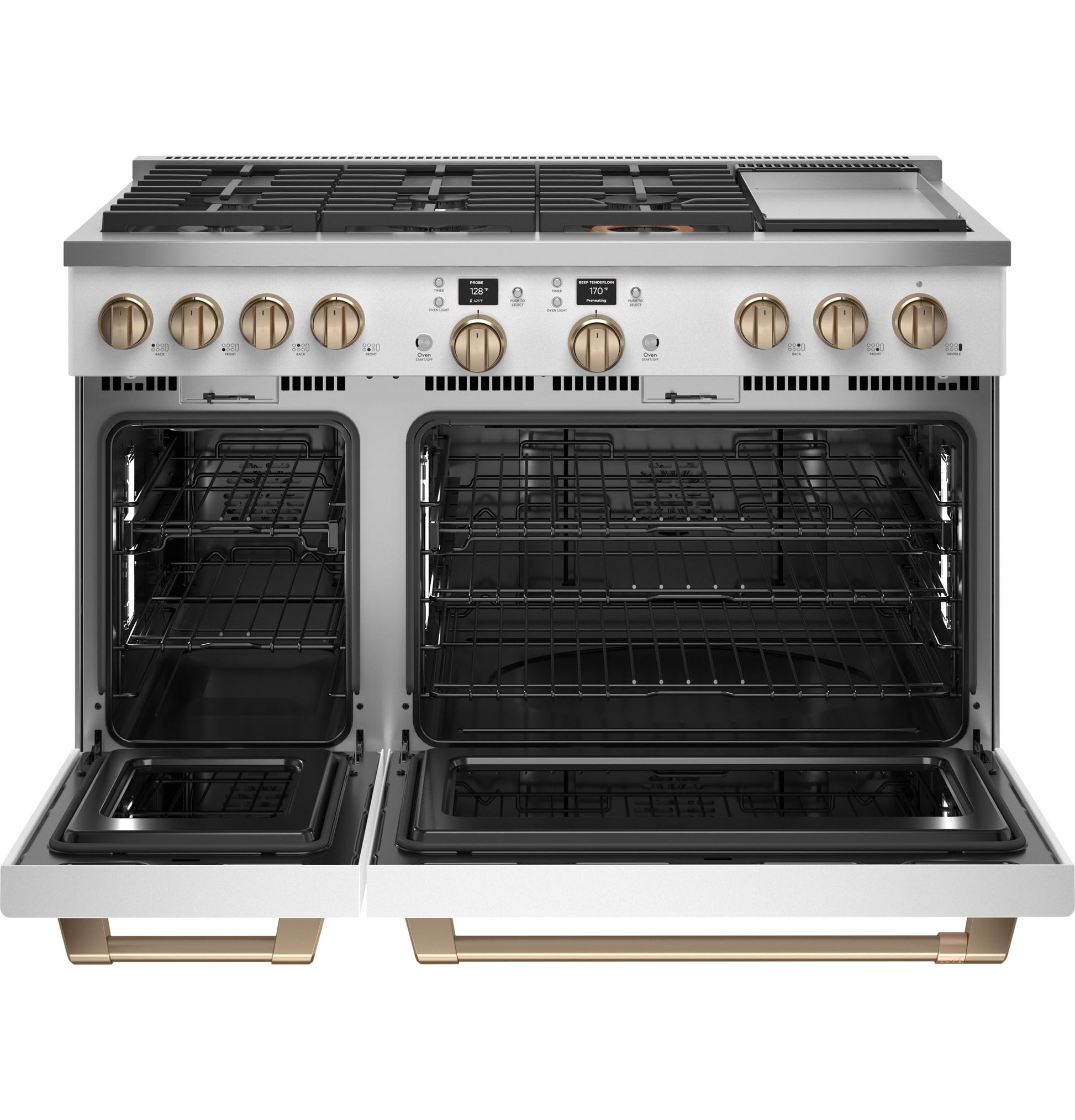 Commercial-style dual-fuel range with six burners, griddle, and two open ovens in kitchen appliances collection