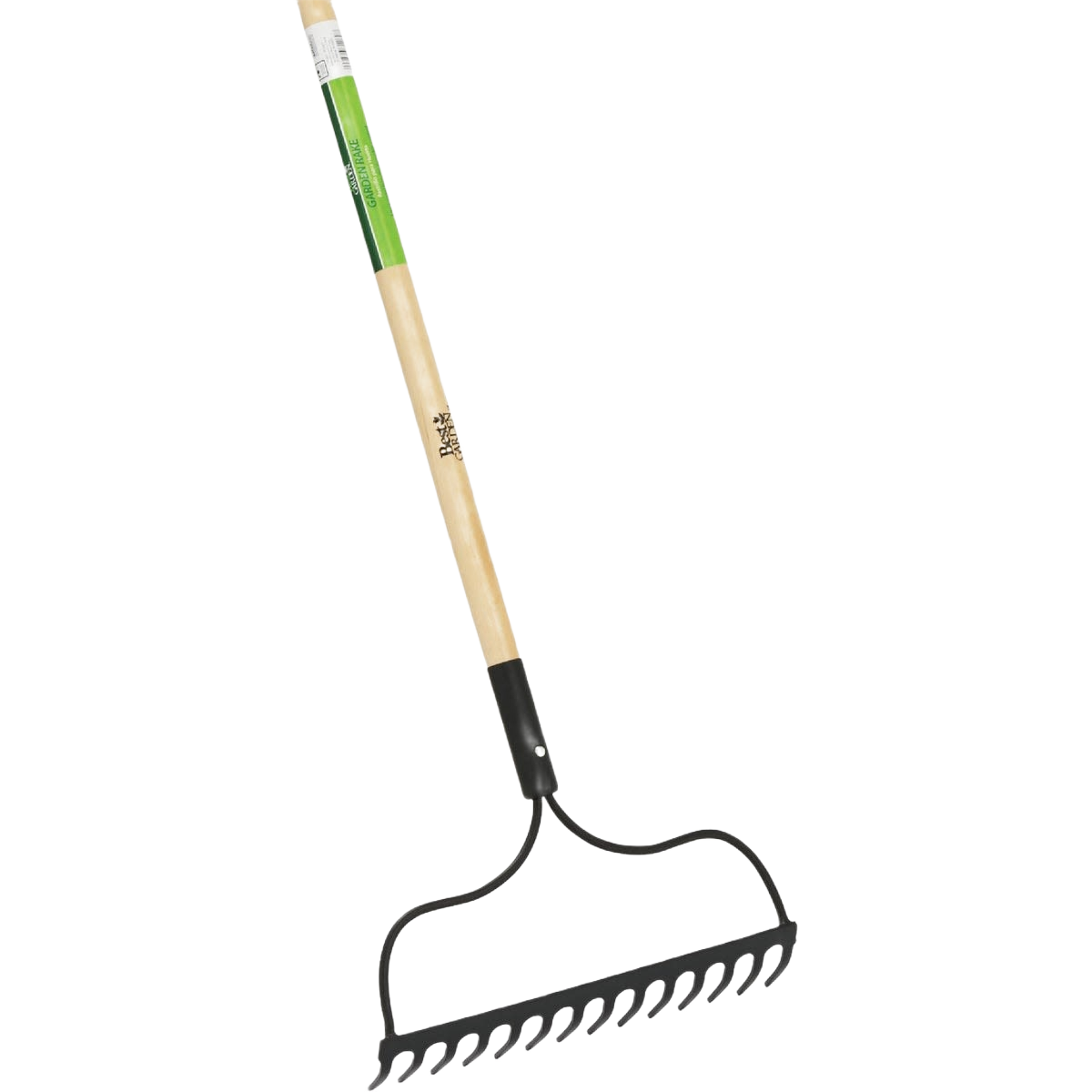 14-inch steel bow garden rake with wood handle and black powdered enamel head for lawn and gardening tasks