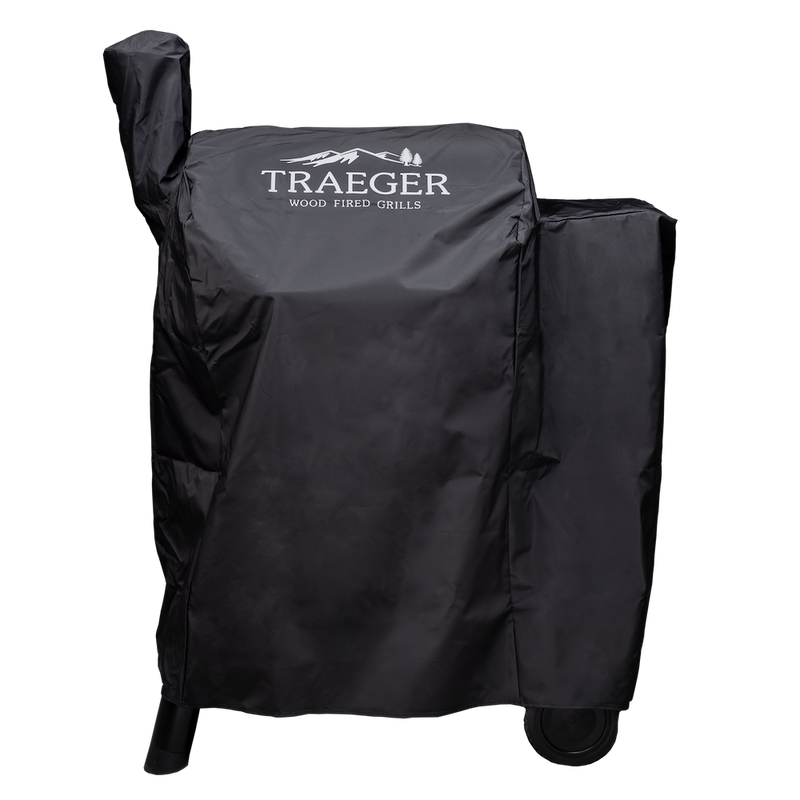 Black full length grill cover with Traeger logo in white, designed for outdoor living and grill accessories protection