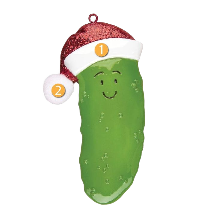 Green pickle ornament with smiling face wearing glittery red Santa hat for Christmas Ornaments & Tree Decorations under $50 collection