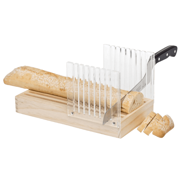 Bread slicing guide with wood base and clear adjustable slots for uniform bread pieces in kitchenware and cooking utensils collections