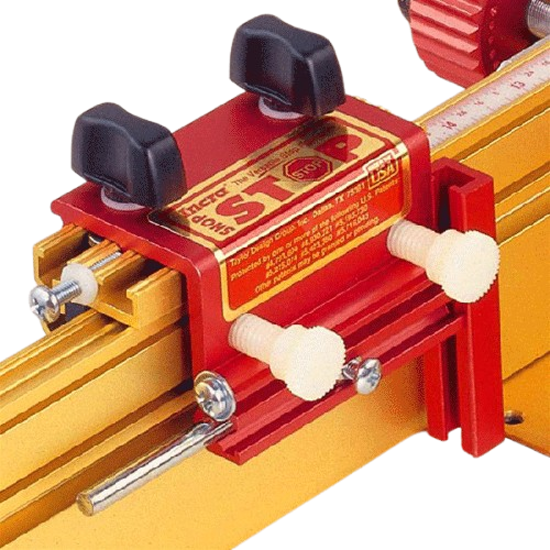 Red and gold adjustable stop clamp with black knobs on metal rail, part of woodworking hand tools under $100 collection