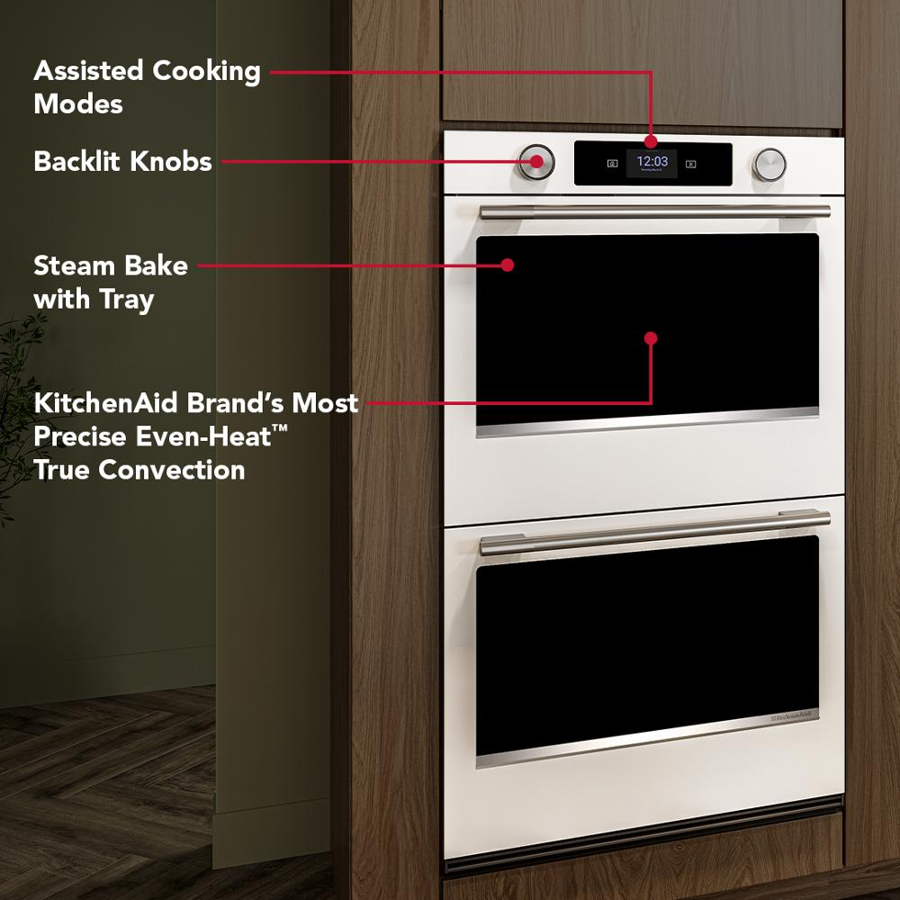 White double wall oven with LED touchscreen, backlit knobs, and true convection from KitchenAid Appliances collection