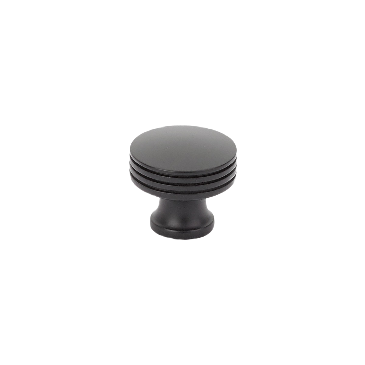 Matte black round cabinet knob with subtle ridged detail for home improvement and hardware upgrades