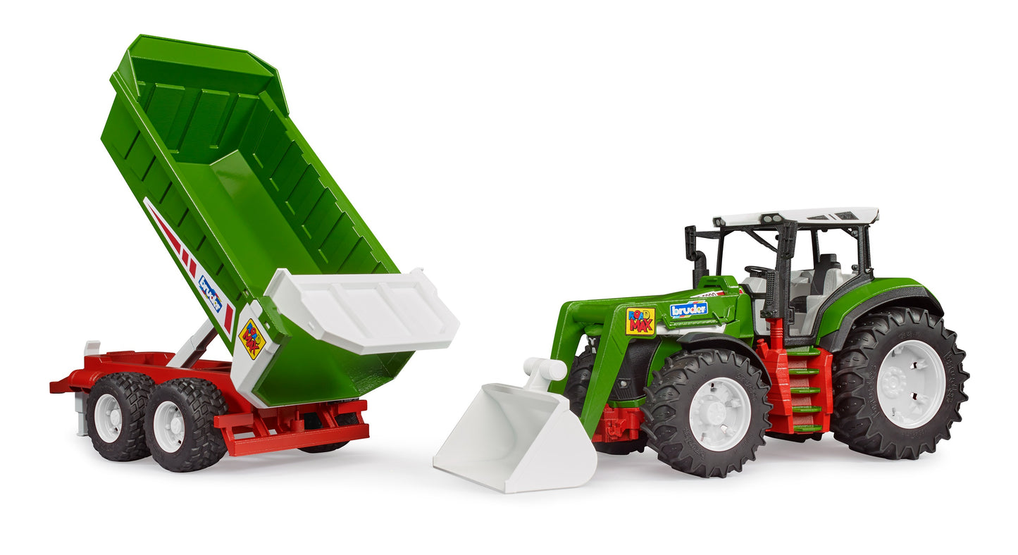 Green Roadmax toy tractor with front loader and tipping trailer from Bruder Toys in Vehicles & Remote Controlled Toys collection