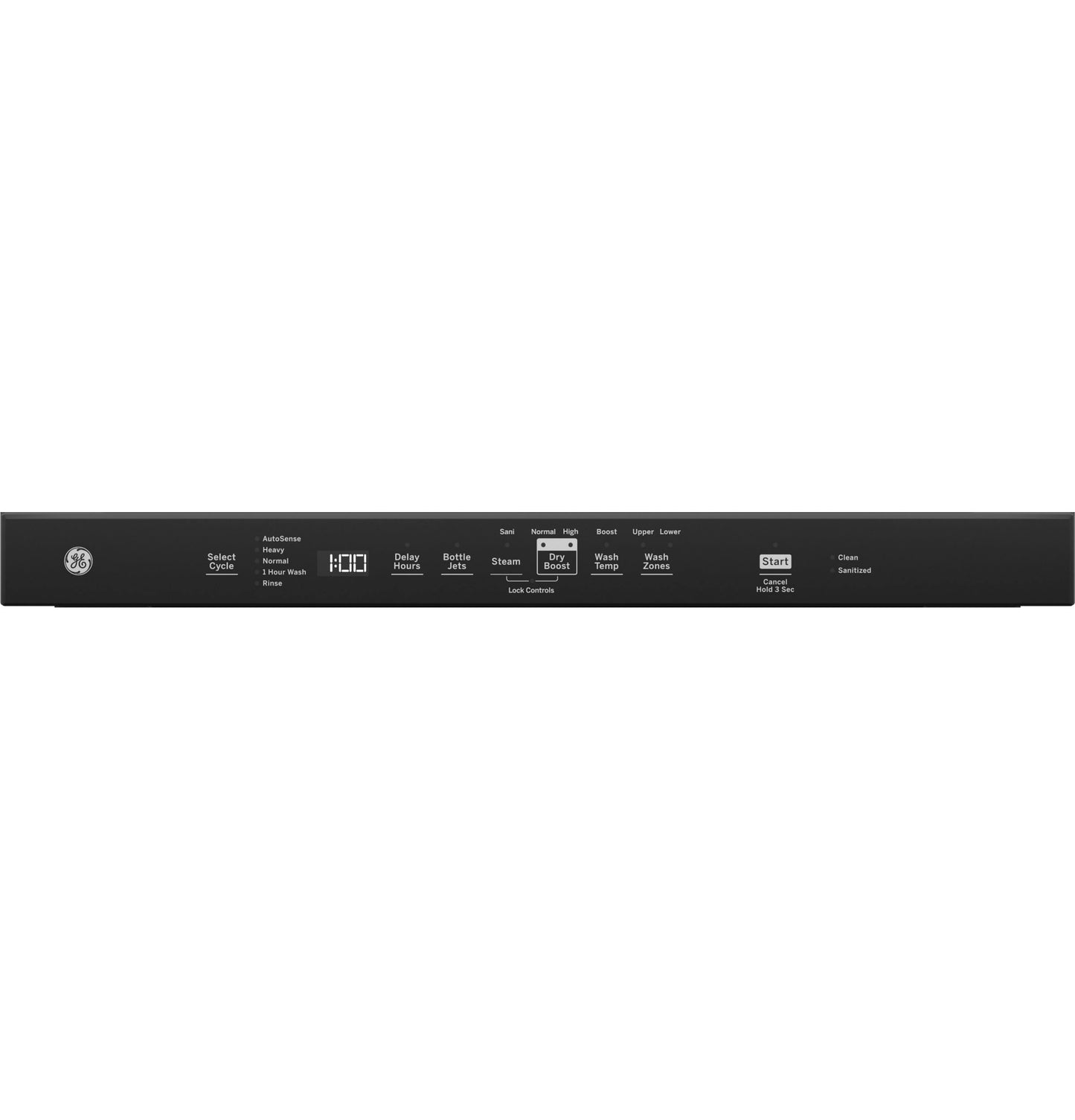 Top control dishwasher digital panel with cycle options including Sanitize, Dry Boost, and Wash Zones in Dishwashers collection