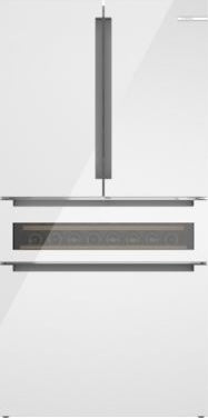 White French door refrigerator with bottom freezer, glass door, and modern stainless steel handles from Bosch appliances collection