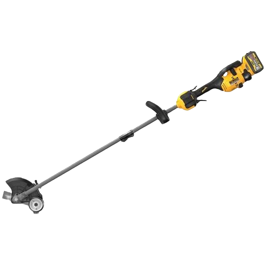 Cordless yellow and black edger with long straight shaft and ergonomic handle for outdoor home improvement tasks