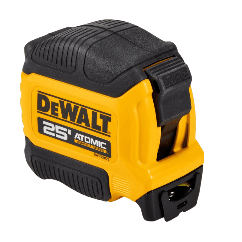 Compact yellow and black DEWALT tape measure with 25-foot capacity for accurate measuring in home improvement and woodworking tools
