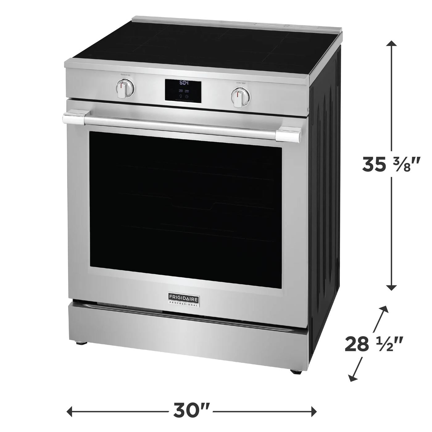 Stainless steel 30-inch induction range with glass cooktop, front control knobs, and digital display for modern kitchens