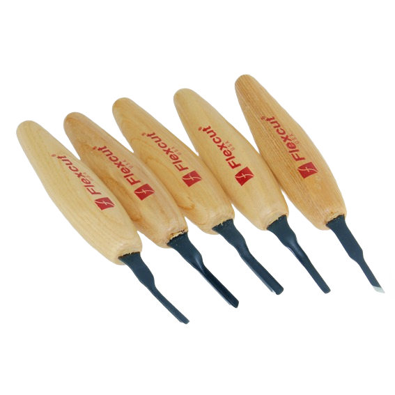Set of five wood carving tools with mixed profiles and ergonomic wooden handles for precision home improvement tasks