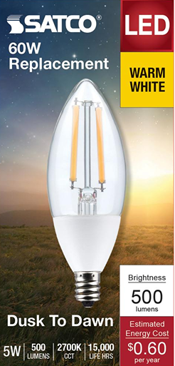 Satco LED candelabra bulb with warm white light, dusk-to-dawn sensor, energy-efficient home lighting under $50