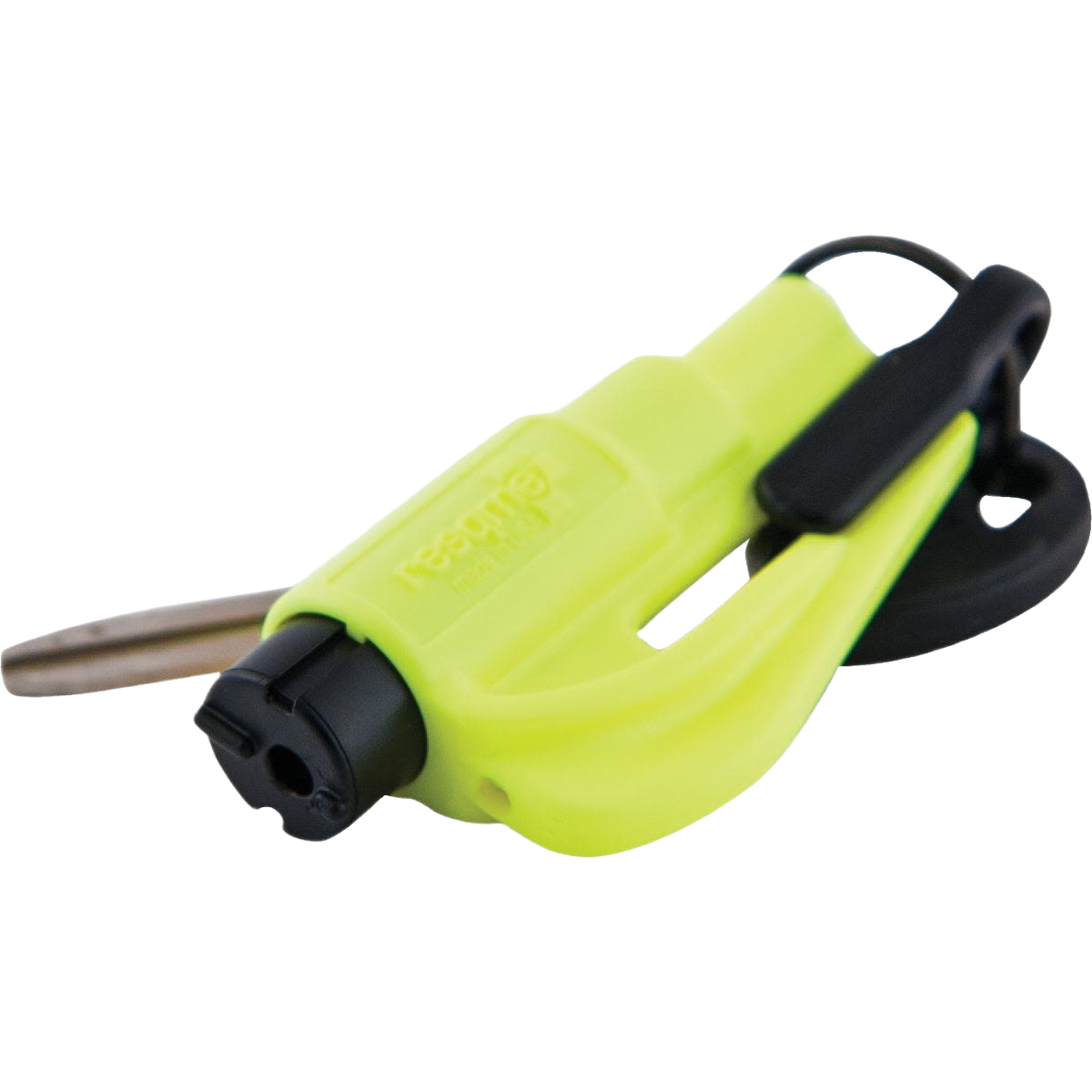 Compact lime green automotive emergency tool with seat belt cutter and window breaker for vehicle safety collections