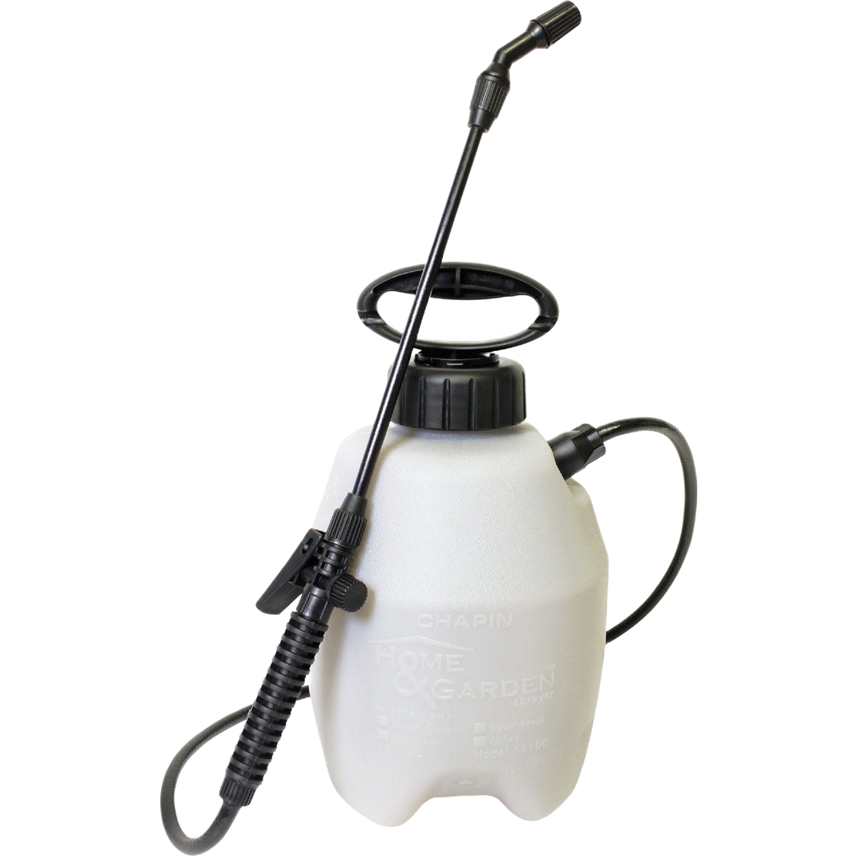 White poly tank sprayer with black hose and nozzle for gardening and home improvement tasks