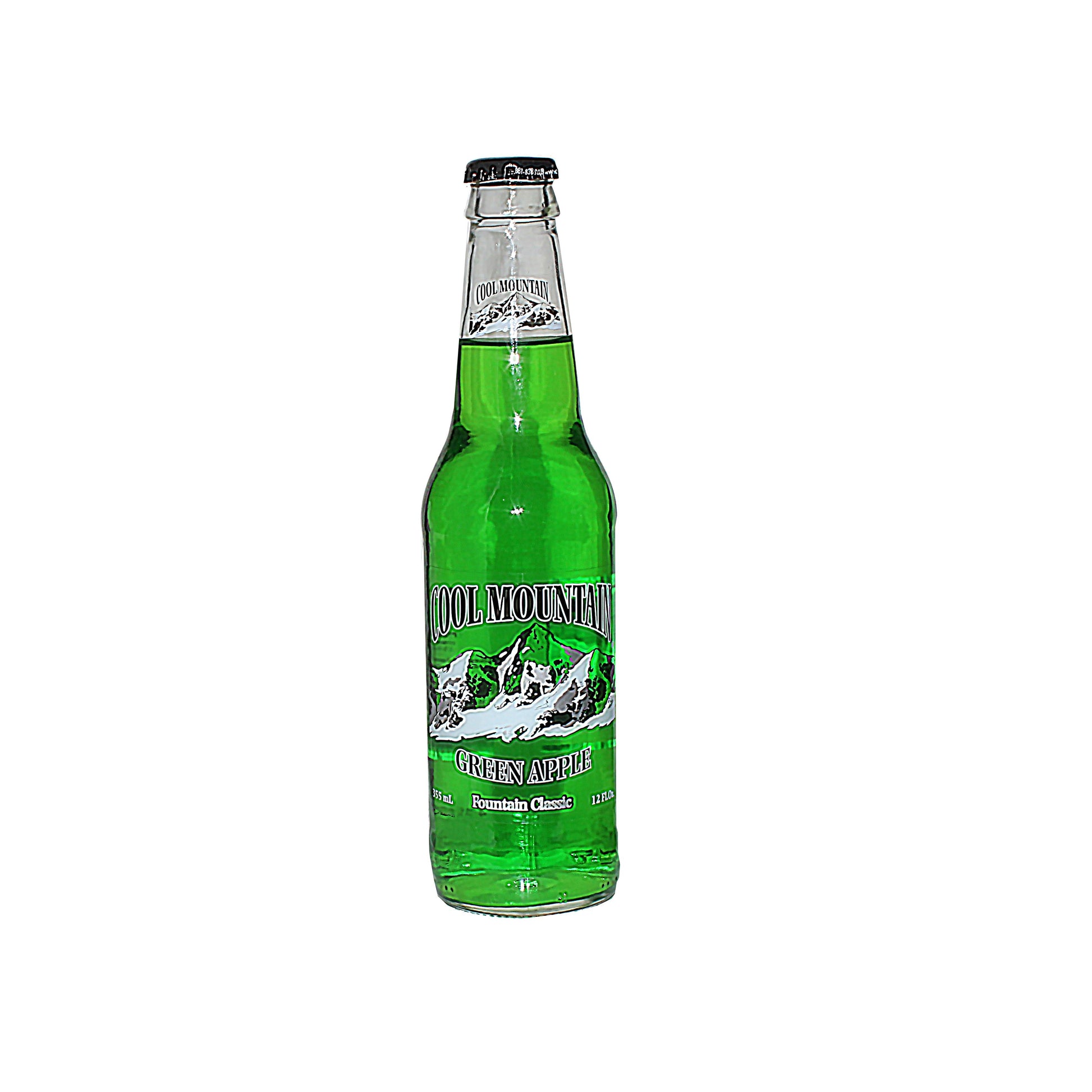 Glass bottle of bright green apple soda from Cool Mountain in 12 oz size, part of food and beverage drinks collection