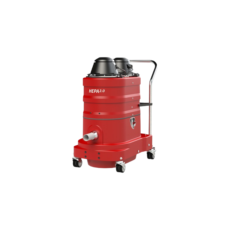 Red industrial shop vacuum with HEPA 2.0 filtration, mounted on swivel casters with a metal handle for easy mobility, used for dust management and cleaning supplies at Hartville Hardware.