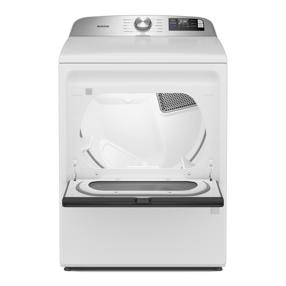 Open white electric dryer front with control panel and clear door window, part of dryers and appliances collection