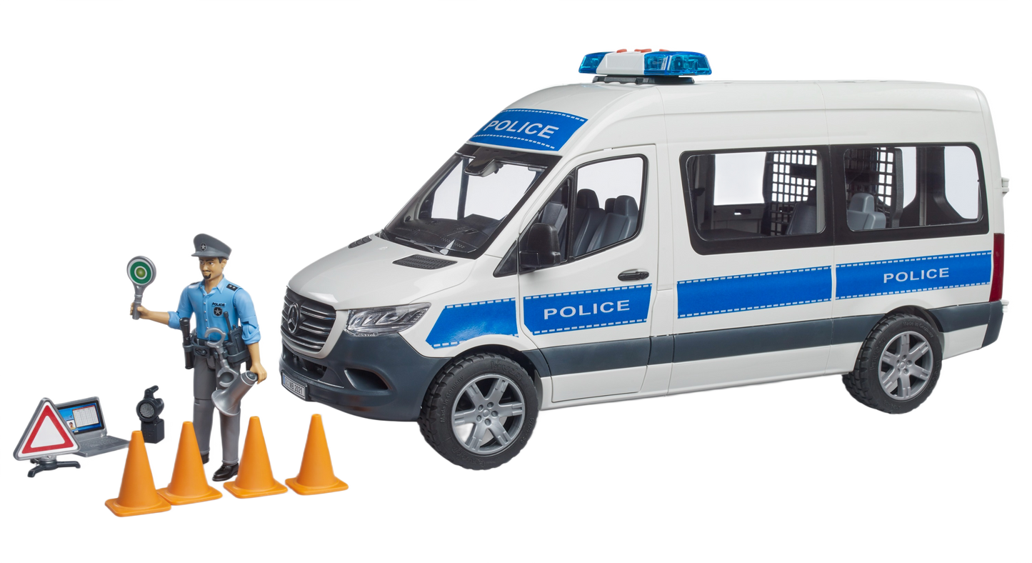 White and blue police van toy with figure, traffic cones, and road safety sign accessories for role play fun