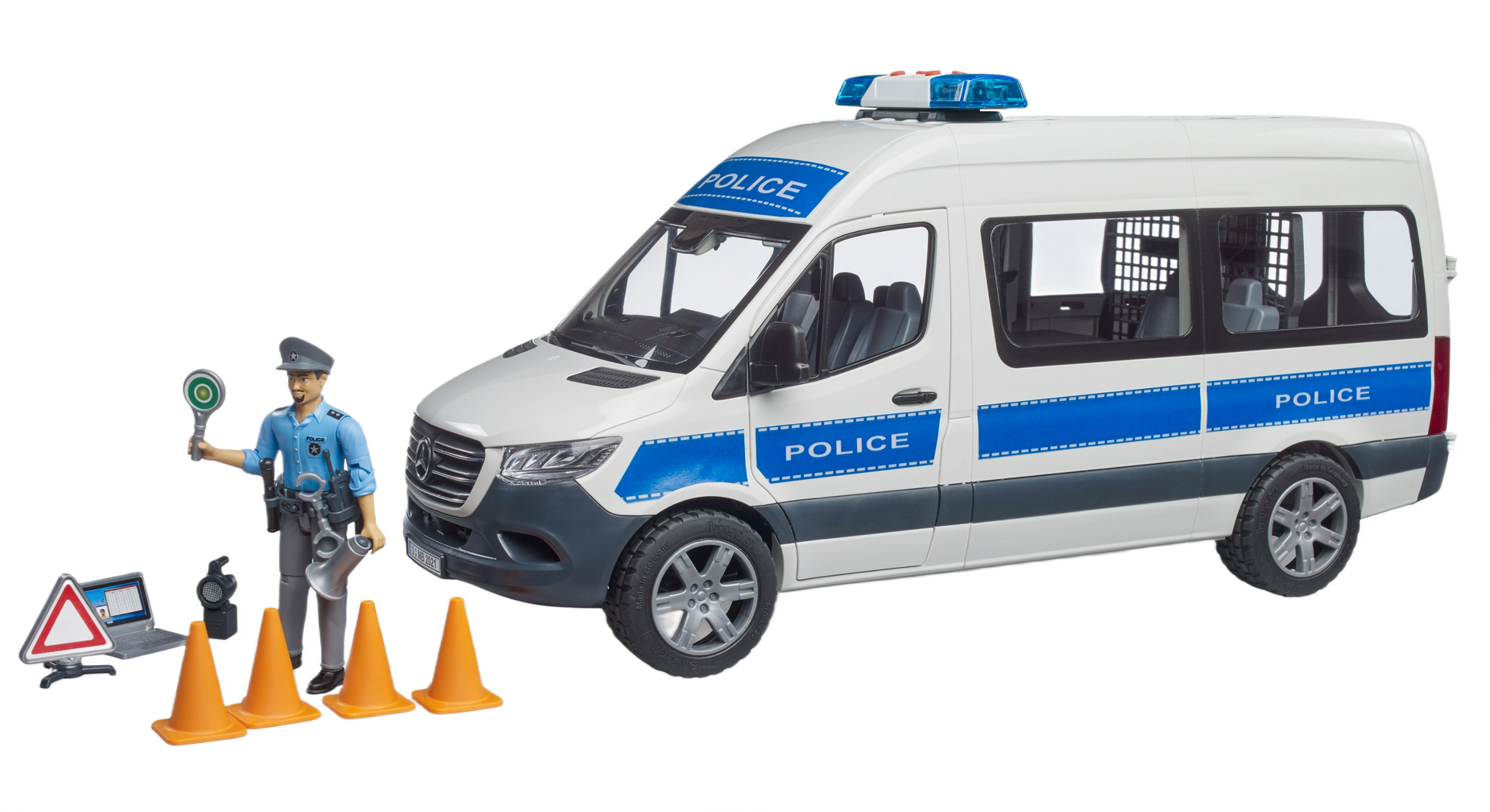 White and blue police van toy with figure, traffic cones, and road safety sign accessories for role play fun