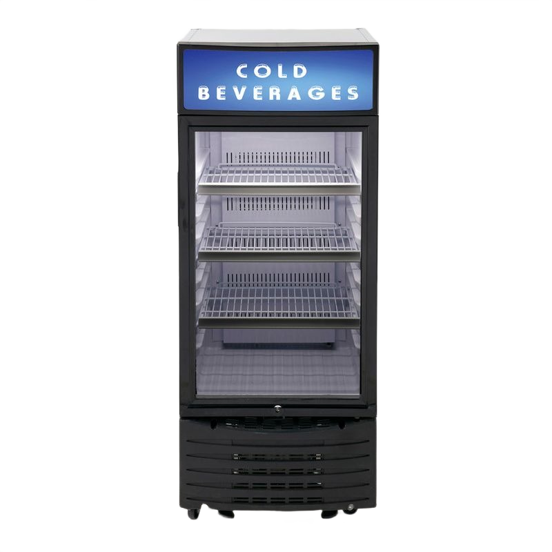 Compact commercial beverage center with glass door and multiple wire shelves for beverage storage in appliances collection