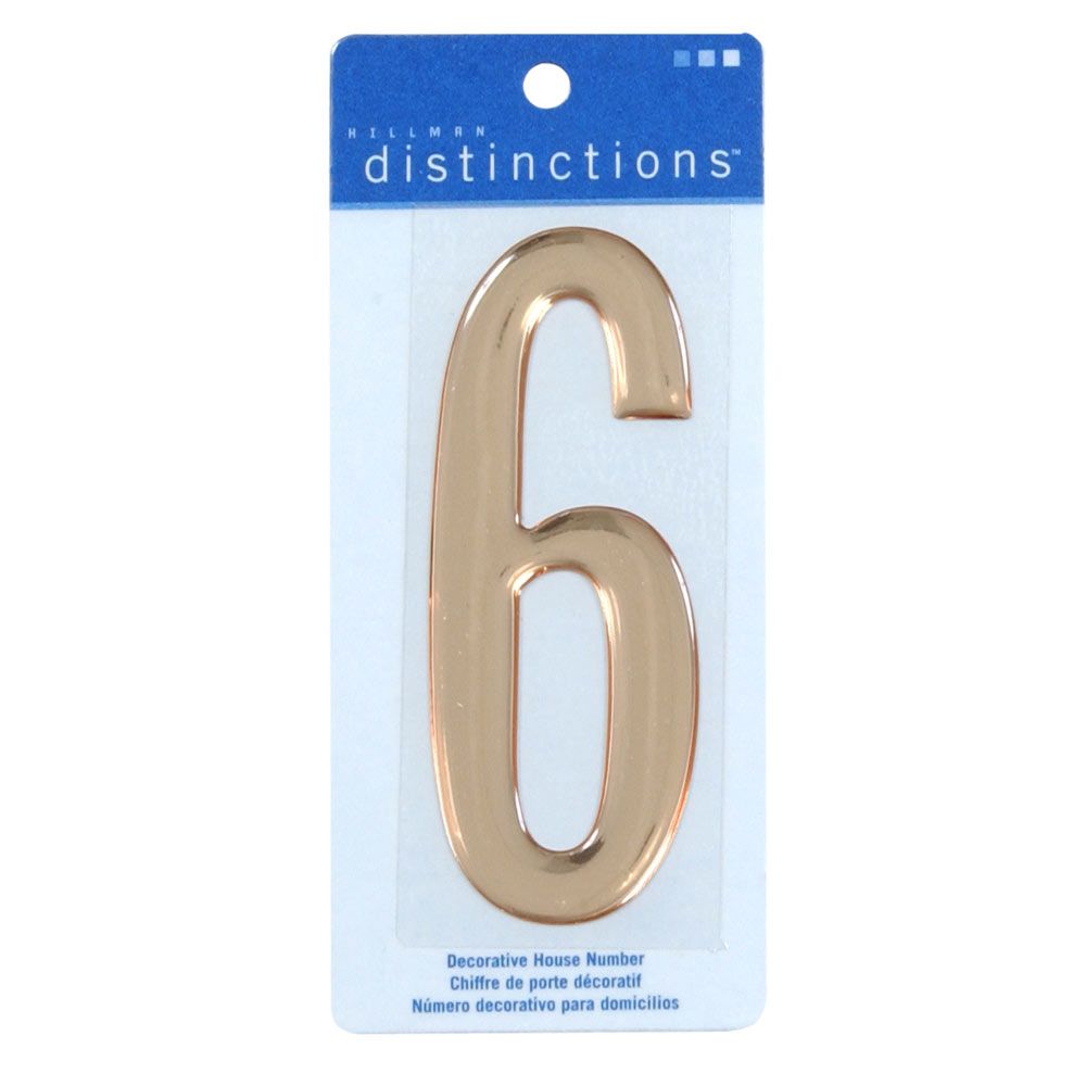 Gold domed adhesive house number 6 on branded backing card for home improvement and signage tasks
