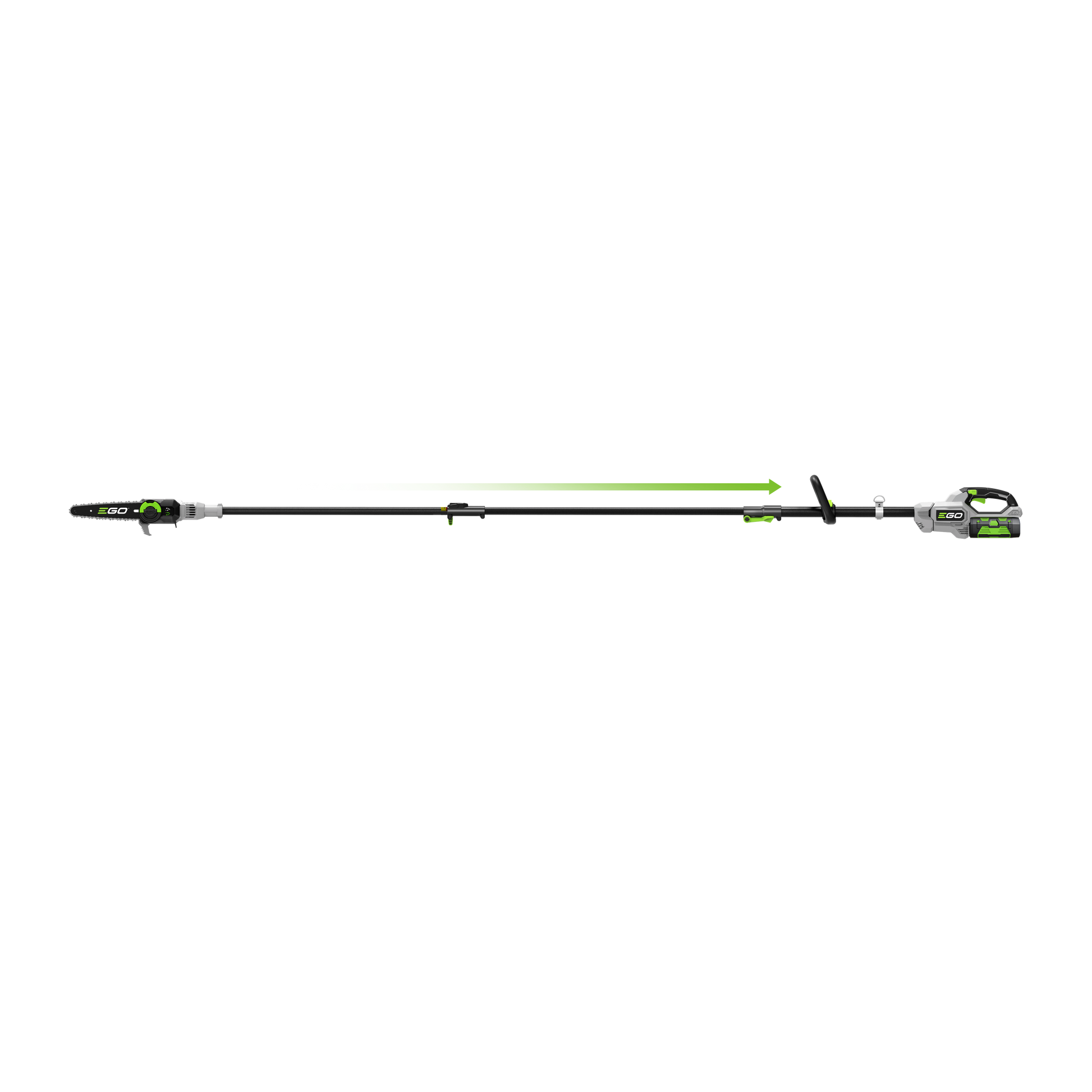 Green and black telescopic pole saw with battery and charger for outdoor home improvement and landscaping tasks
