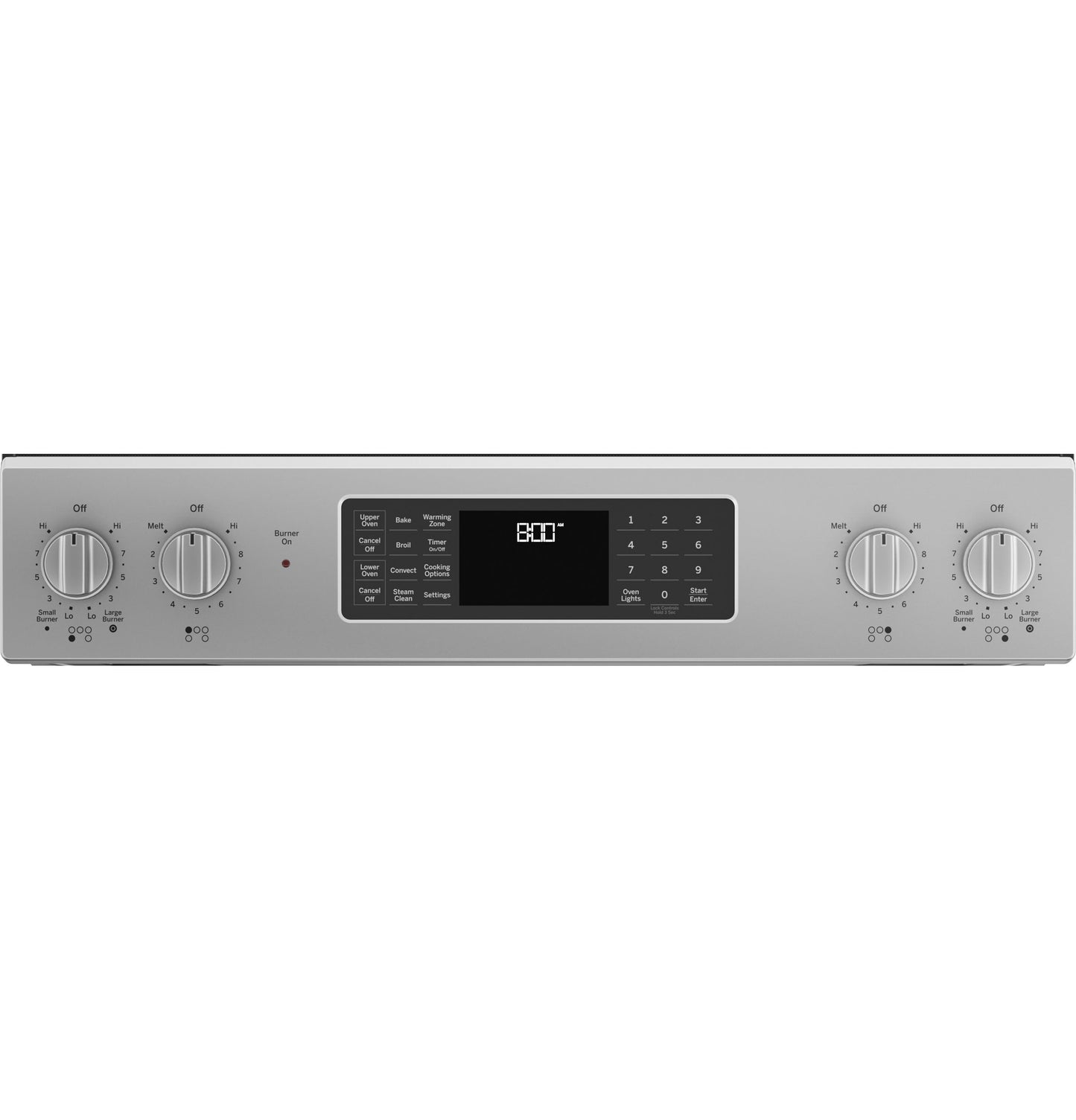 Control panel of stainless steel electric slide-in range with digital display and knob settings from kitchen appliances collection