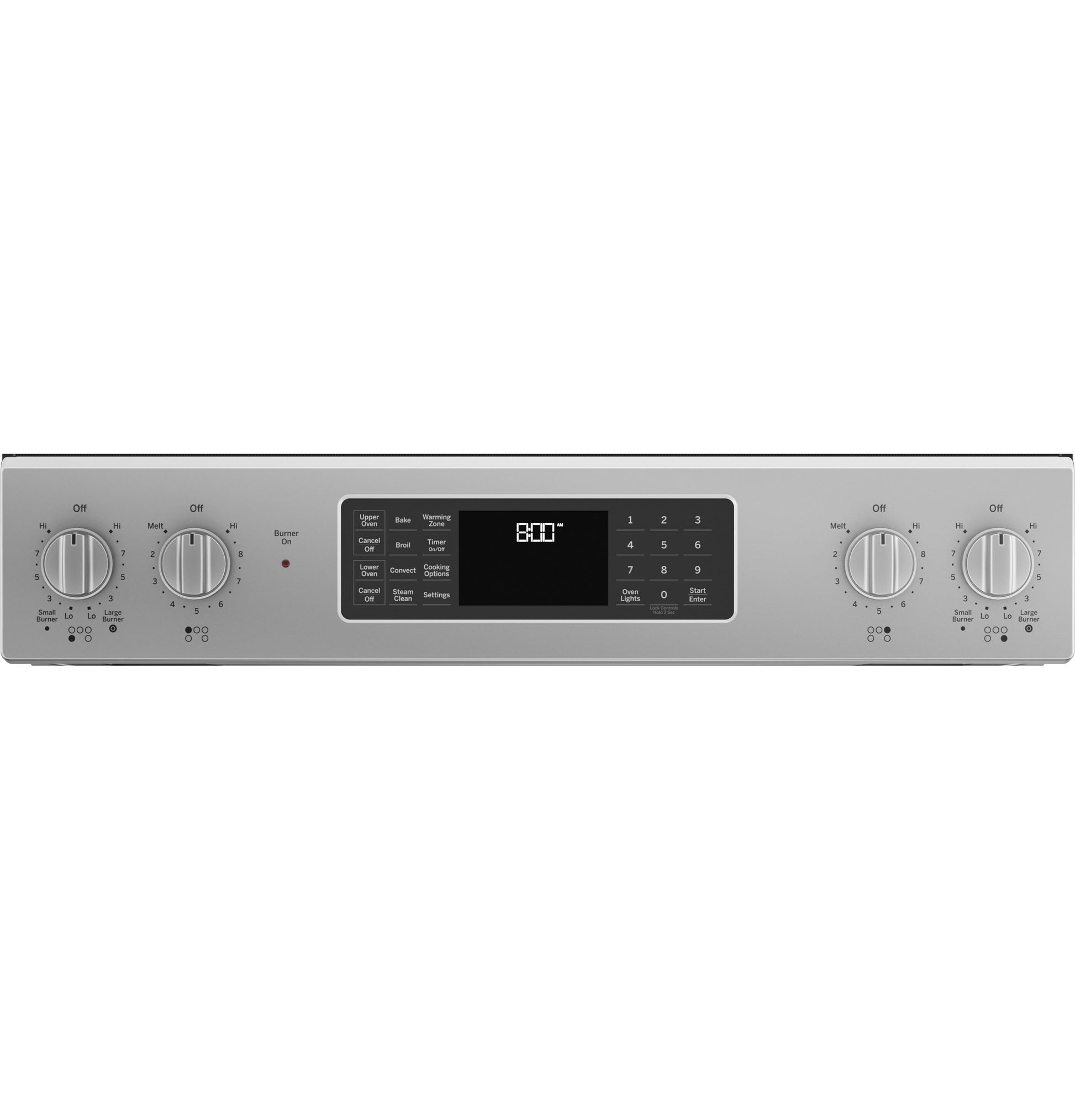 Control panel of stainless steel electric slide-in range with digital display and knob settings from kitchen appliances collection