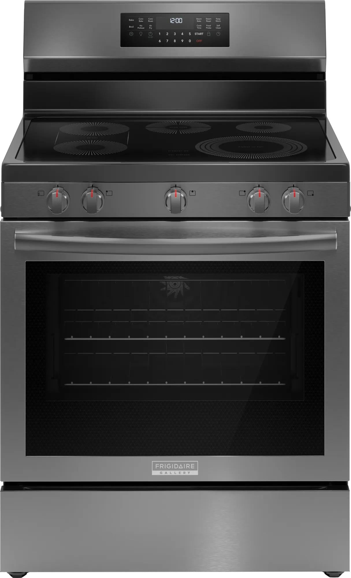 30-inch stainless steel electric range with rear controls, smooth cooktop, digital display, and convection oven from Ranges collection
