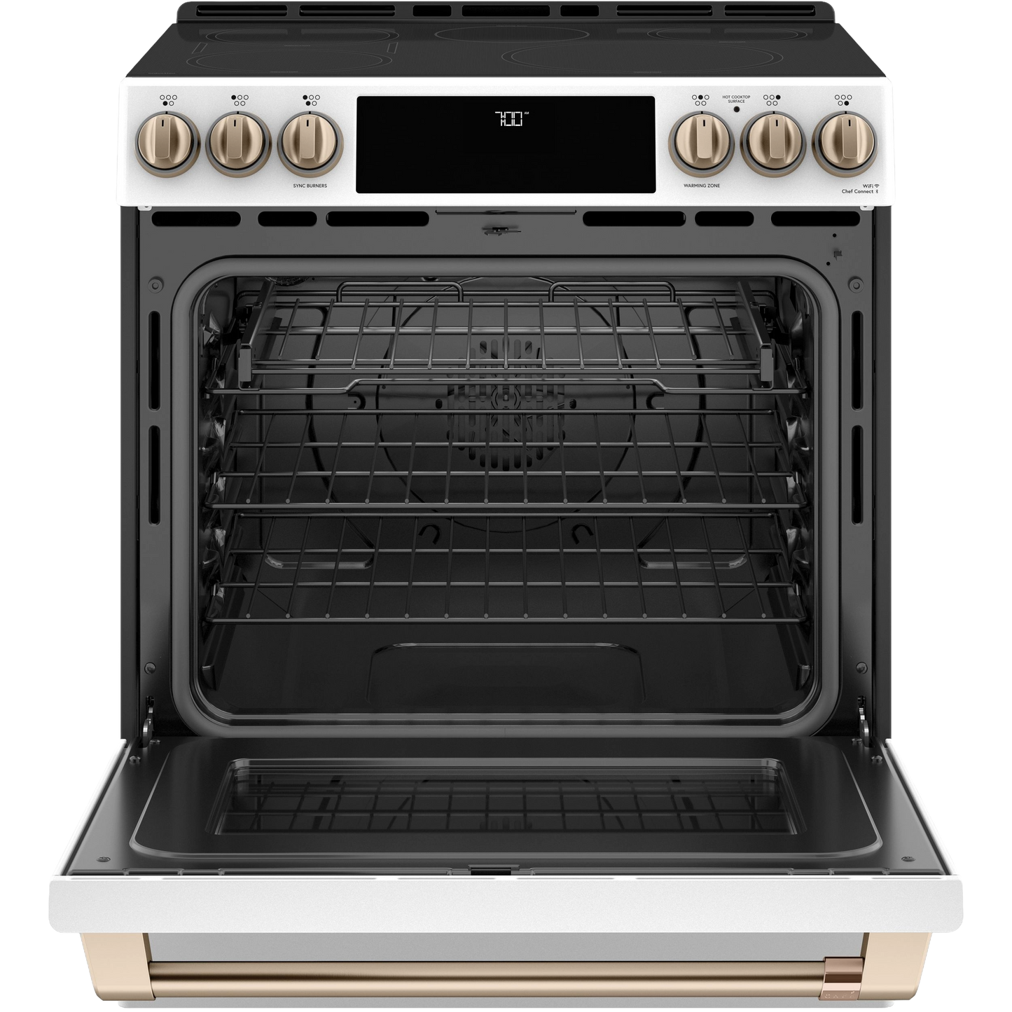 Open stainless steel radiant and convection oven with front control knobs and slide-in range design from kitchen appliances.