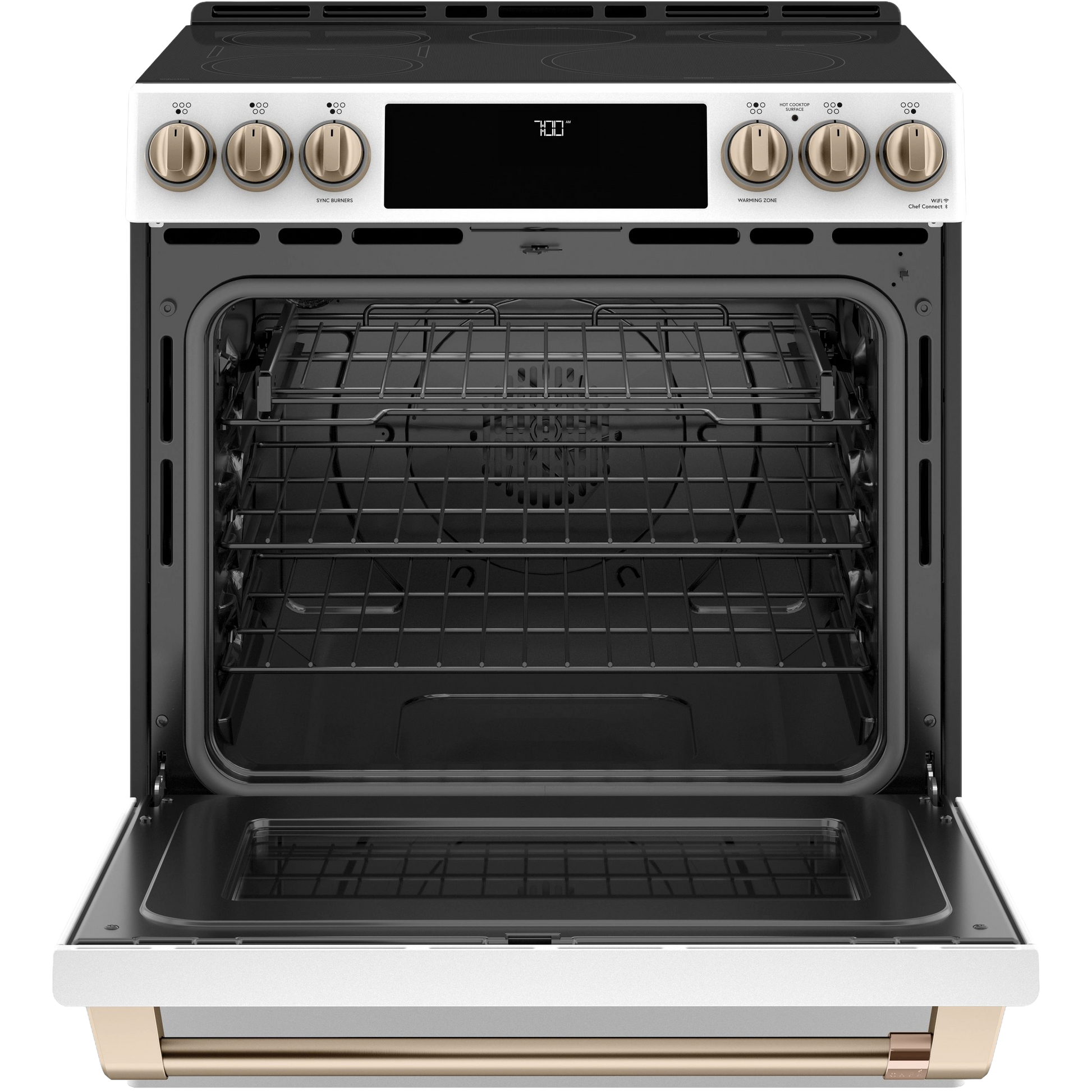 Open stainless steel radiant and convection oven with front control knobs and slide-in range design from kitchen appliances.