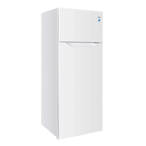 White top freezer refrigerator with manual defrost and covered crisper, suitable for kitchens and appliances collections