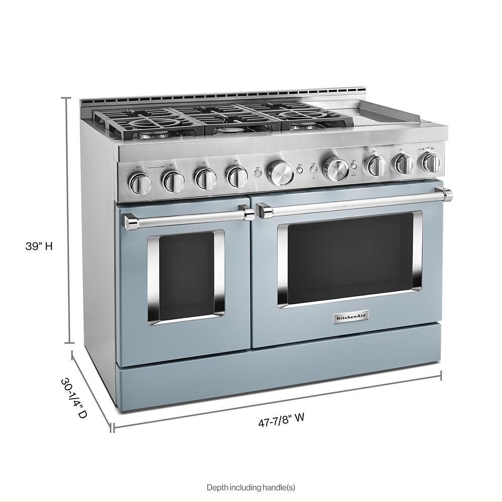 Blue KitchenAid commercial-style gas range with six burners, dual ovens, and electric griddle from Ranges & Cooktops collection