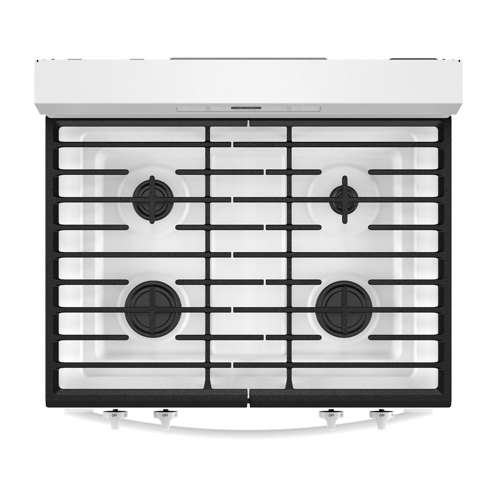 Top view of white 30-inch gas range cooktop with four burners and black grates from Ranges collection at Hartville Hardware