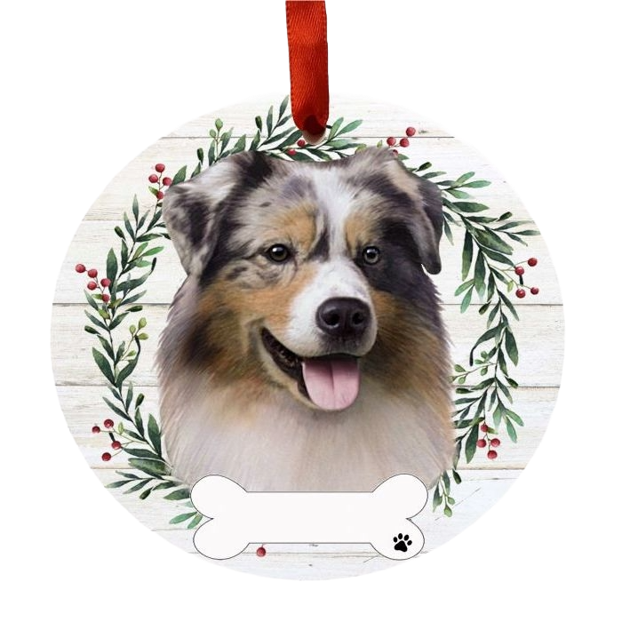 Round Christmas ornament featuring a happy Australian Shepherd dog framed by holly and greenery wreath with red ribbon