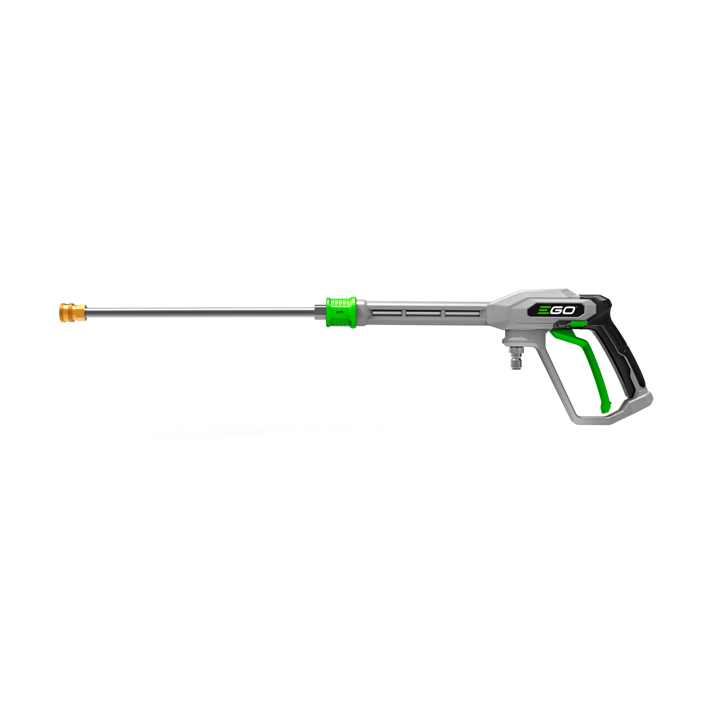Side profile of compact pressure washer wand with gray and green handle for home improvement tools and cleaning tasks