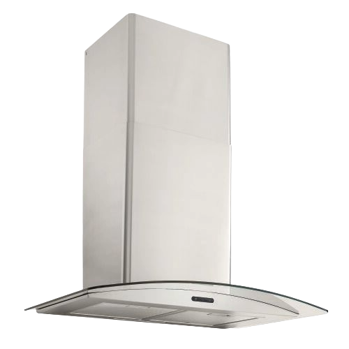 Stainless steel range hood with curved glass canopy and electronic controls for modern kitchen ventilation and style