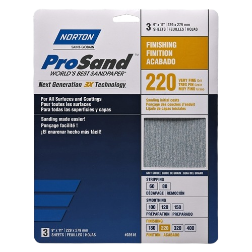 Package of Norton 220-grit Prosand fine sandpaper sheets for paint and home improvement projects under $50 collection