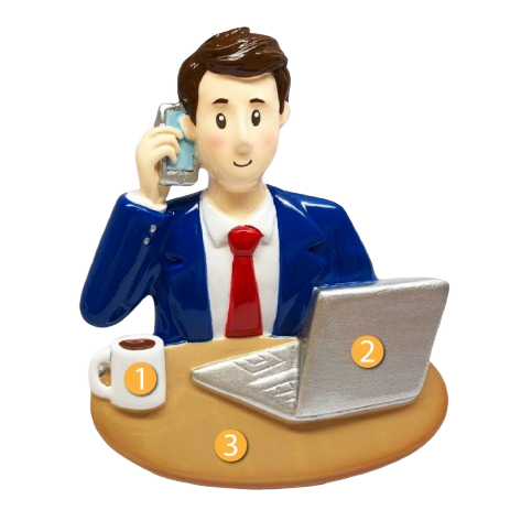 Figurine of businessman in blue suit talking on phone at desk with laptop and coffee cup from Christmas Ornaments collection