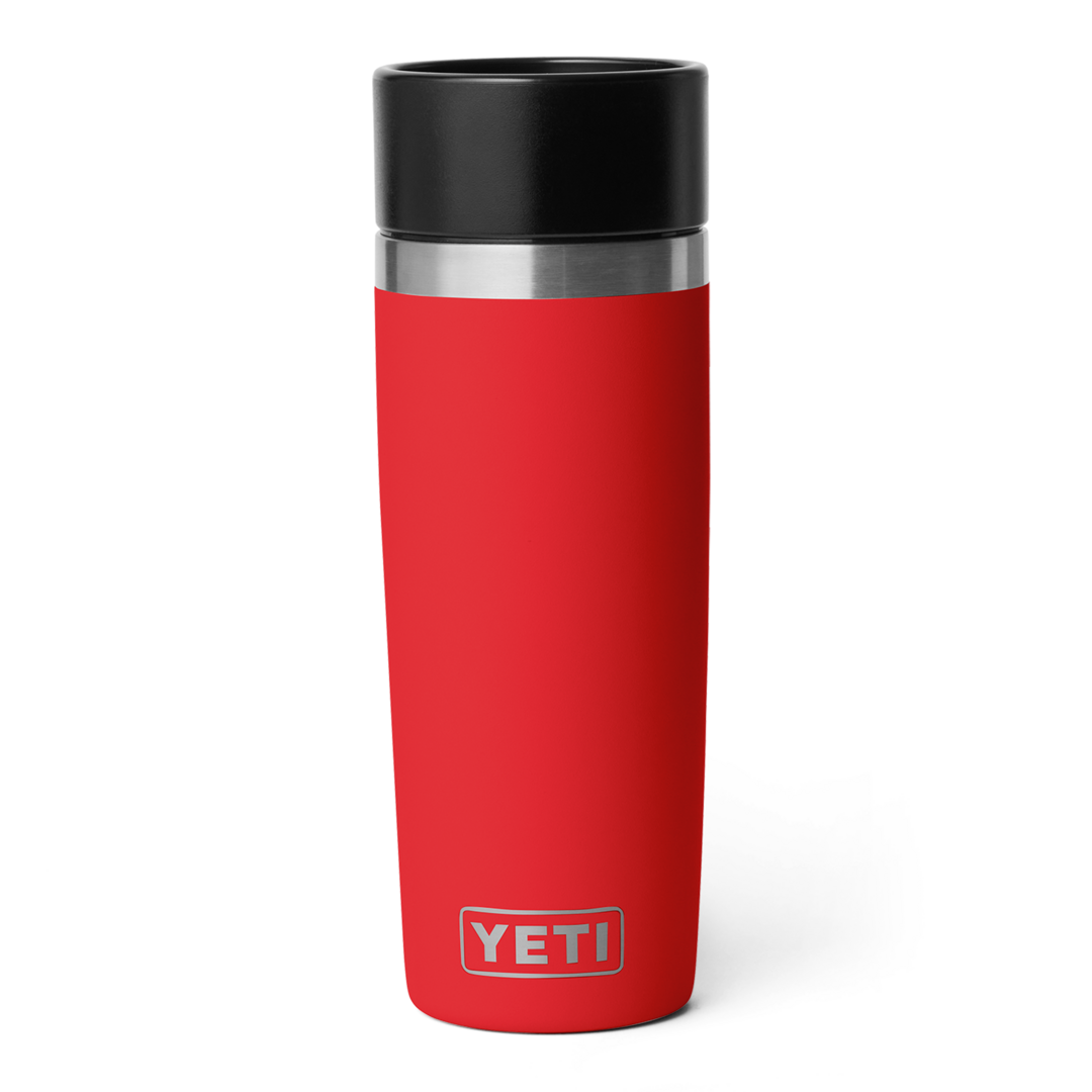 Red insulated 16 oz travel bottle with stainless steel band and black lid in drinkware and kitchenware collections
