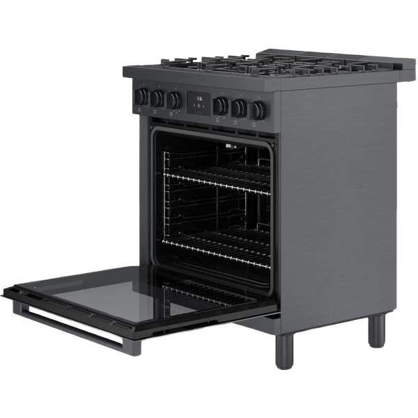 30-inch black stainless steel gas range with five burners, convection oven, and metal control knobs in kitchen appliances collection