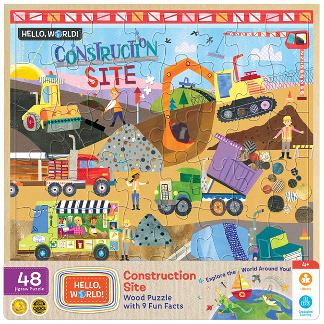 Colorful 48-piece wood puzzle showing a lively construction site with various vehicles and workers at play
