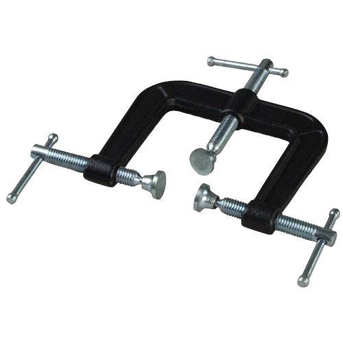 Black and silver steel edge clamp with three adjustable screws for woodworking and home improvement tasks