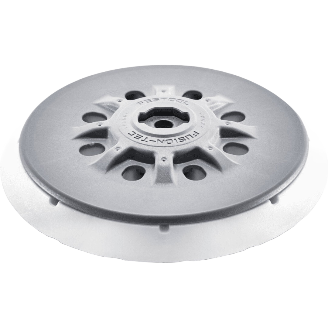 Gray and white circular sander backing pad with Fusion-Tec design for tools and home improvement projects