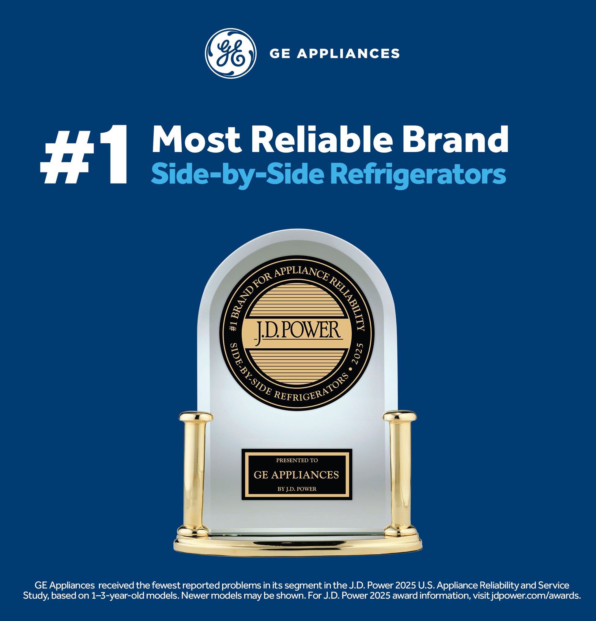 J.D. Power award trophy highlighting GE Appliances as the most reliable brand for side-by-side refrigerators