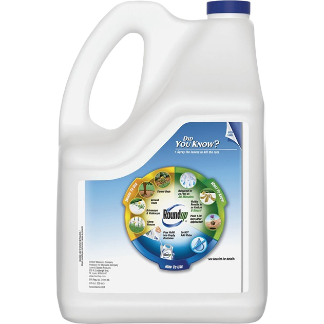 White 1.25-gallon container with blue cap featuring exclusive formula for effective weed and grass control in lawn care collections