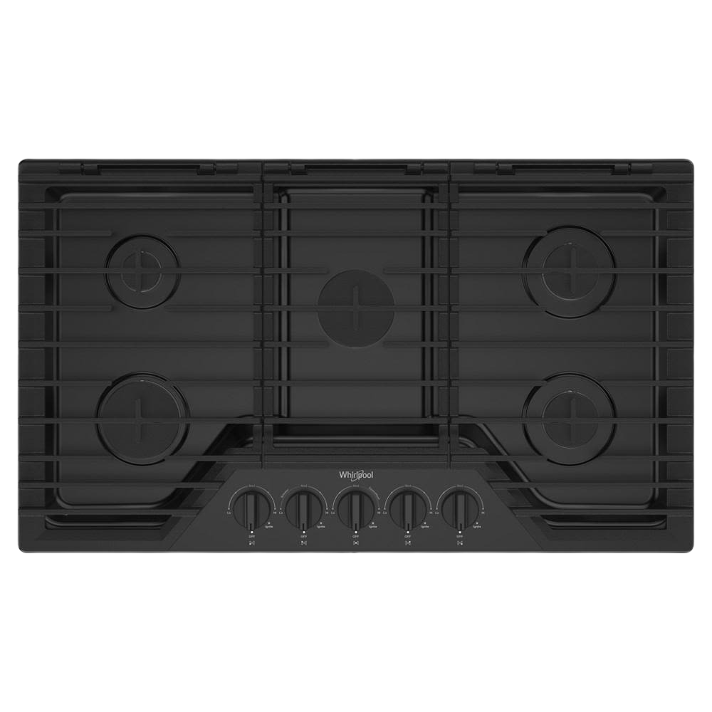 36-inch gas cooktop with five burners and hinged cast-iron grates for kitchen and home improvement use