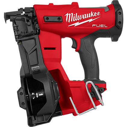 Red and black cordless coil roofing nailer with ergonomic grip for efficient tools and home improvement projects