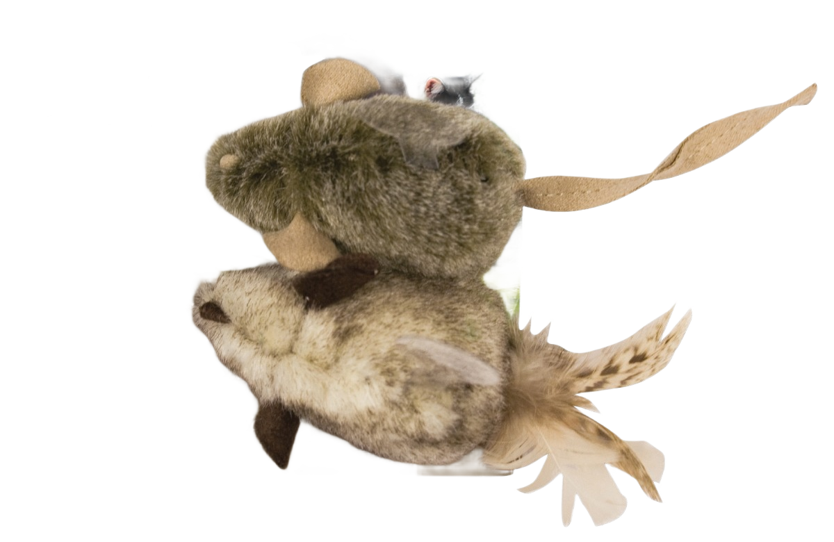 Two soft electronic cat toys shaped like mice with feathered tails for interactive pet play