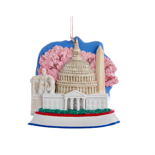 Ornament featuring detailed Capitol dome, Lincoln Memorial statue, Washington Monument, cherry blossoms, and custom name plate area